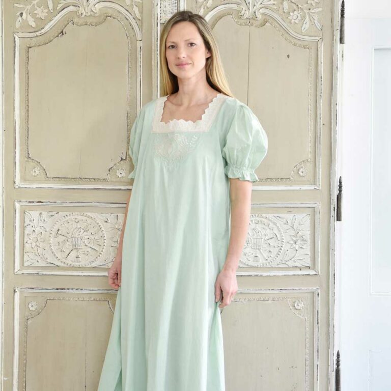 Fabulous Georgian style embroidered nightdress stocked in green with white trim and solid white. £49