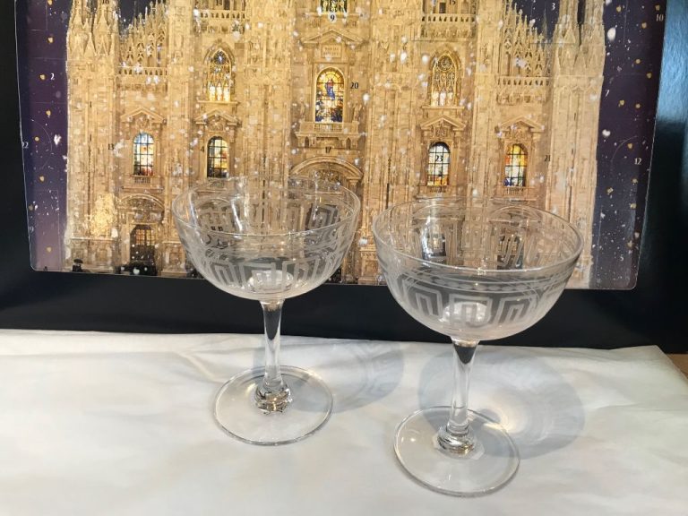 New crystal champagne saucers with Roman key engraving