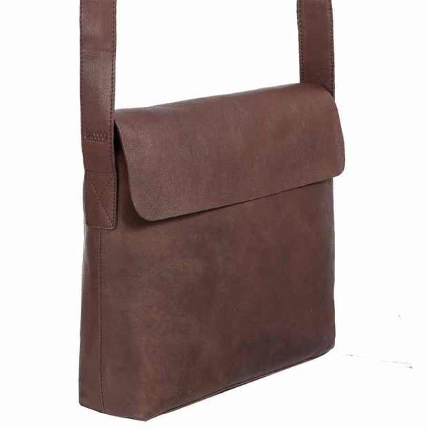 Unisex cross-body bag in chocolate colourway. Dimensions 28x33x6cm. £145