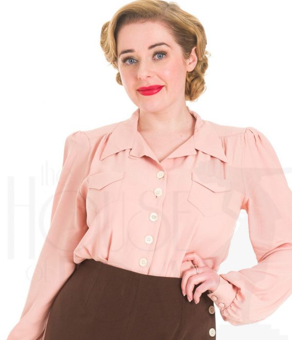 Very popular 1940s-style long sleeved blouse in authentic viscose crepe. £89. Stocked in a range of colours and sizes. Please call 01297 4449333 to check availability.